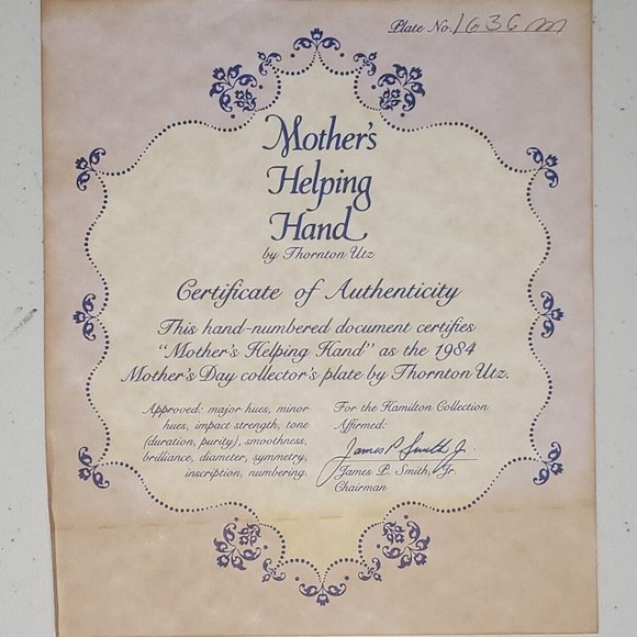 1984 MOTHER'S DAY COLLECTOR'S PLATE by THORNTON UTZ "MOTHER'S HELPING HAND" COA! - Picture 2 of 5